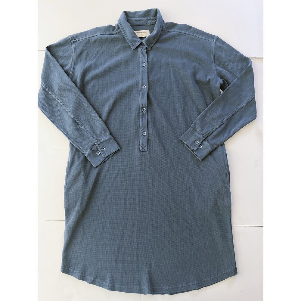 The Normal Brand Dress Shirt Women L Blue Waffle Knit Long Sleeve Henley Lounge